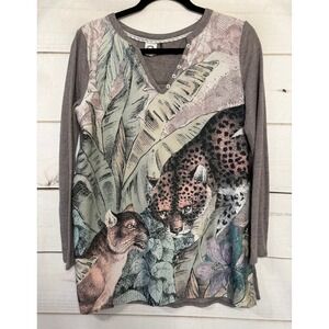 AKEMI KIN Anthropologie Leopard Jungle Print Long Sleev Henley Tunic Top Women S